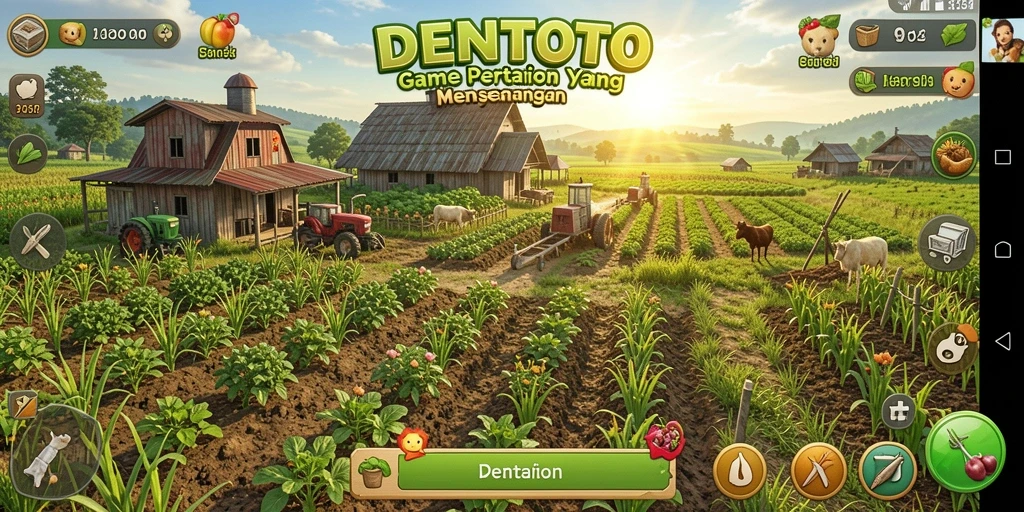 Tampilan gameplay menarik DENTOTO dengan kebun yang subur dan hewan lucu.