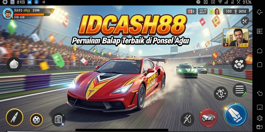 Screenshot gameplay IDCASH88 menampilkan balapan mendebarkan dengan mobil berkecepatan tinggi.