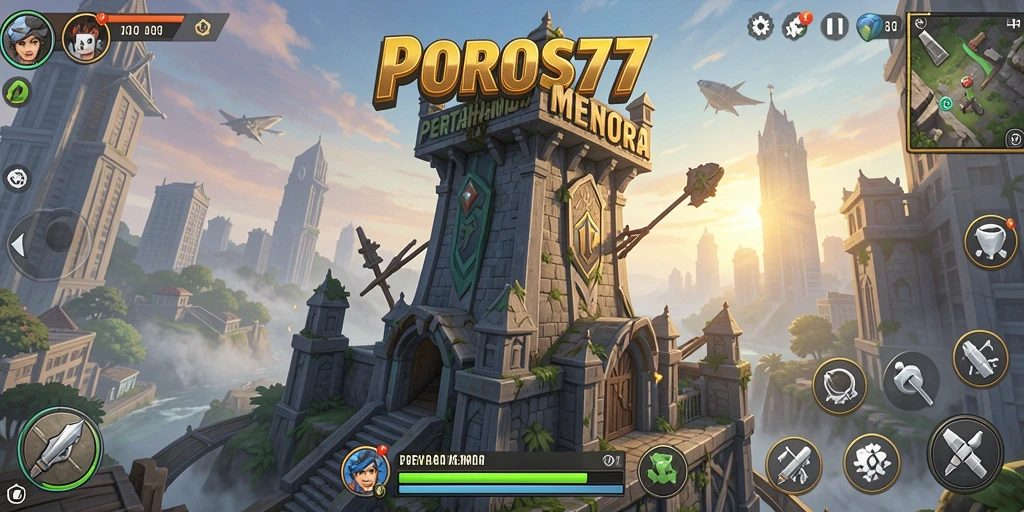 Tampilan gameplay POROS77 dengan aksi pertahanan menara yang mendebarkan.