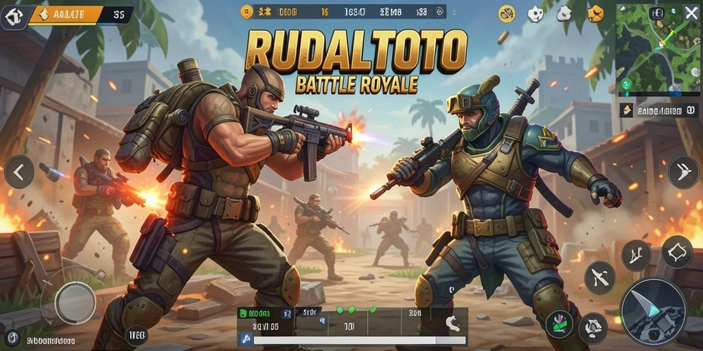 Screenshot RUDALTOTO menampilkan aksi pertempuran intens di medan perang Battle Royale.