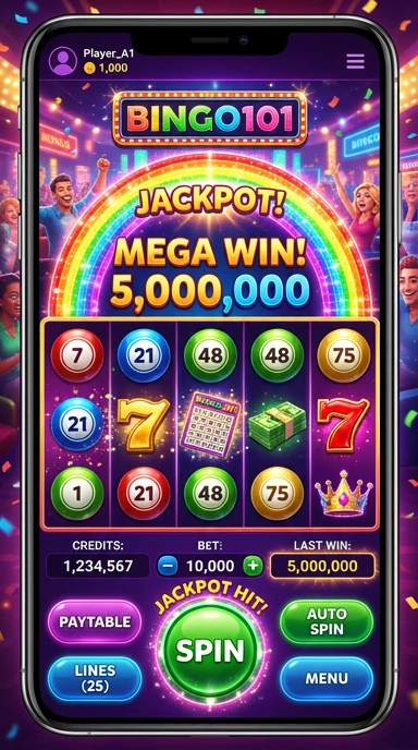 Tampilan utama aplikasi bingo101 yang sederhana dan intuitif.